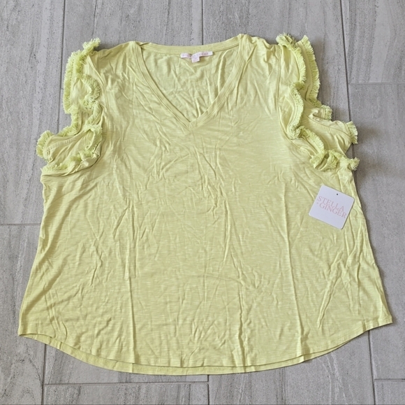 #10810-18 STELLA & GINGER Plus Flutter Sleeve Slub Top With Fringe Edges 1X & 3X - Picture 3 of 4